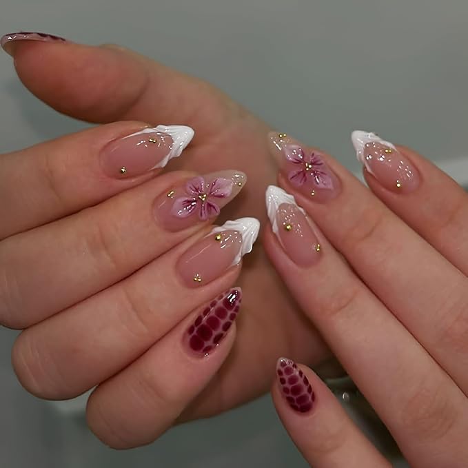 White French Tip Press on Nails Medium Almond Fake Nails Flower Nails Press Ons with Rhinestones Design Glossy False Nails French Tip Glue on Nail Acrylic Stick on Nail for Women Set 30Pcs