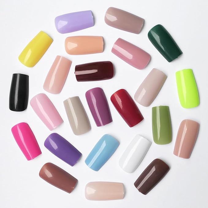 LoveOurHome 576pc Medium Square Press on Nails Kit Glossy Colored Straight Fake Nails Full Cover Artificial Fingernails Acrylic Tips Manicure Design Decor 24 Colors for Women Teens Kids