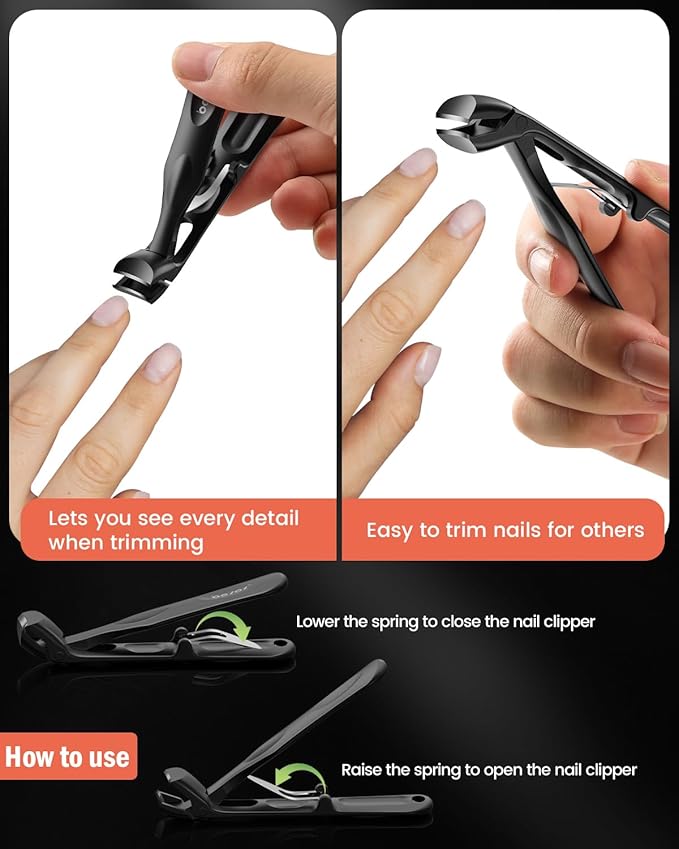 BEZOX Toenail Clippers for Thick Toenails – Long Handle Toe Nail Clippers for Thick Nails for Seniors, Angled Head Heavy-Duty Nail Cutters - Black