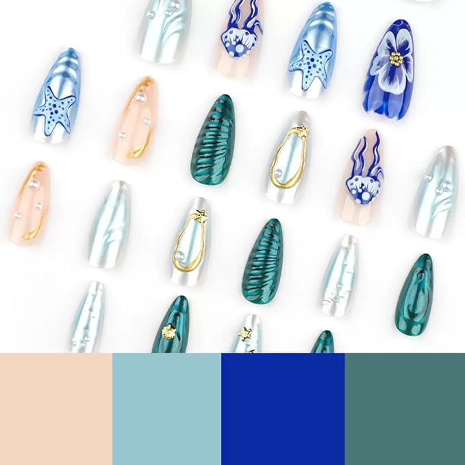 Almond Press On Nails - Medium Blue False Nails with 3D Ocean Design, Glossy Full Cover Stick On Nails - 24 Pcs