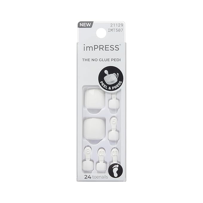 KISS imPRESS Pedicure Press On Toenails, 'Angel Vibes', White, Short Squoval, Pedicure Nail Kit Includes 24 Press On Toenails, Prep Pad, Mini Nail File, & Pedicure Stick