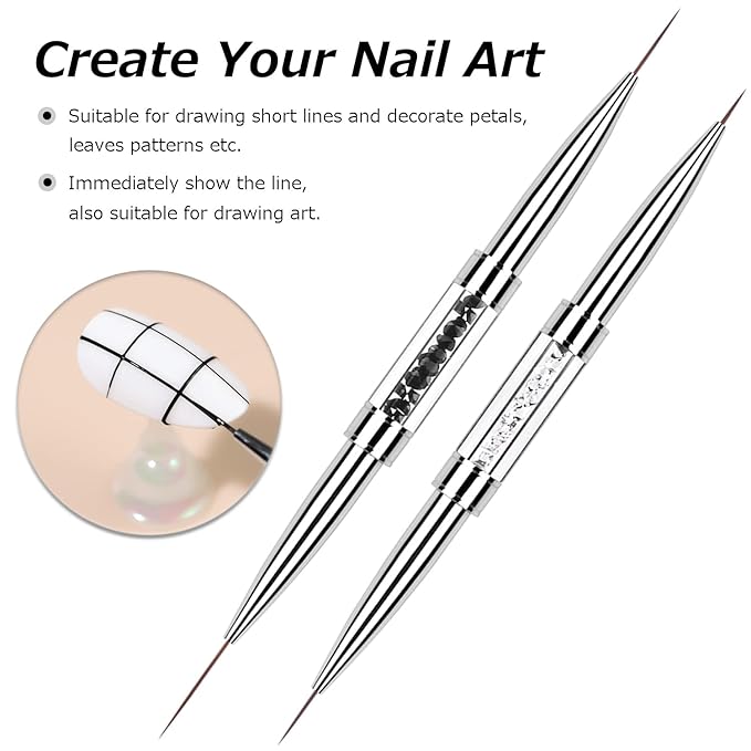 2Pcs Dual-ended Nail Art Liner Brush Set for UV Gel Polish Painting Drawing Rhinestone Handle Professional Nail Design Brushes 7/11/15/21mm