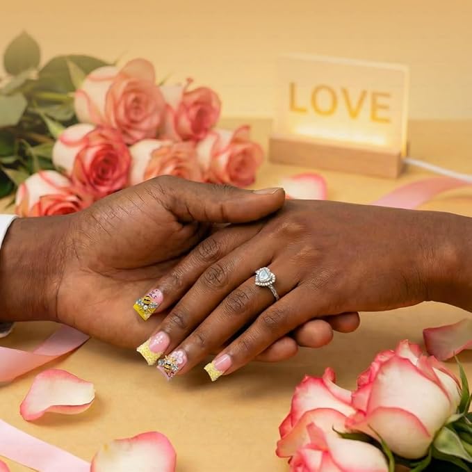 10 Pieces Luxury Acrylic Press On Nails Short Handmade Duck Nails, Butter Yellow Thickened False French Nails, Sugar Crystal Rhinestones, Floral Bee Charms, Reusable Acrylic Nails (L)
