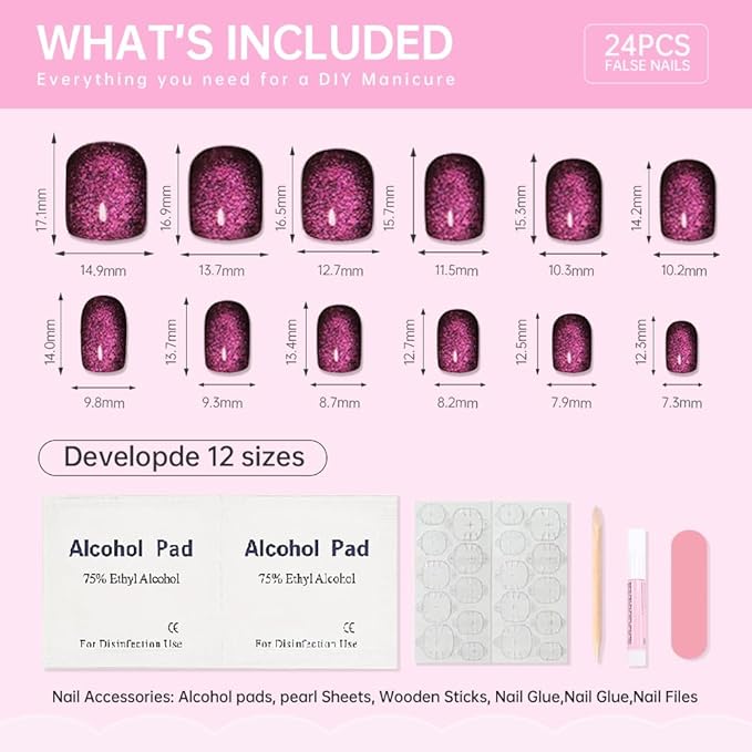 Press on Nails Short Square, Blue-Red Shift Cat Eye Press on Nails, Fashion Gel Fake Nails, Reusable Acrylic Fake Nails, Glossy Stick on Nails for Women Gift, Glue on Nails Kit, Twilight Rose