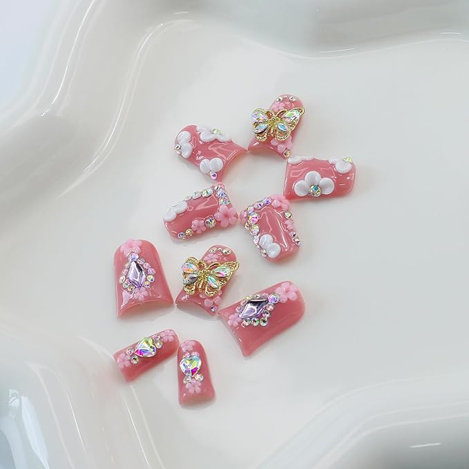 10Pcs Flower Butterfly Press on Nails Handmade Duck Fake Nails with 3D Flower Butterfly Rhinestone Design Pink False Nails Short Acrylic Nails Press ons Cute Handmade Glue on Nail for Women (S)
