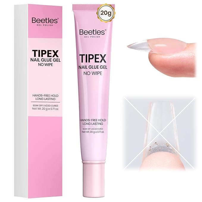 Beetles 20g Tipex Nail Glue Gel, No Wipe & No-Need-to-Hold, Designed for Tipex Instant Apex Nail Tips, Flat-Nail Friendly, DIY & Salon Use, UV/LED Cured