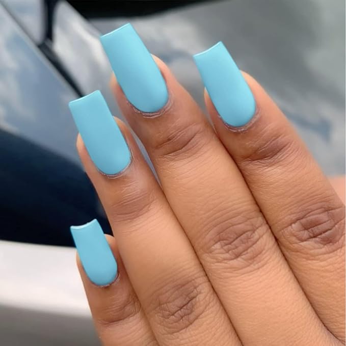KQueenest Matte Light Blue Press on Nails Long Medium Square, Baby Blue Fake Nails Medium Coffin, Sheer Color Acrylic Nails Press ons, Reusable Soft Gel Glue on Nails for Women Fall Winter