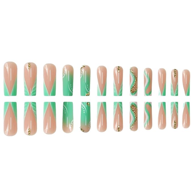 24Pcs Press on Nails Long Square Fake Nails Green French Tip Acrylic Nail with 3D Swirl Designs False Nails Gold Rhinestones Glue on Nails for Women Manicure