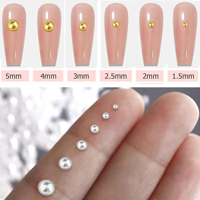 Flatback Silver & Gold Beads for Nail Gems with Pickup Pencil and Tweezers, Half Round Flatback Nail Gold Beads, Pearl Rhinestones for Nail Charms Face gems Nail Art Face Makeup and Manicure Decor