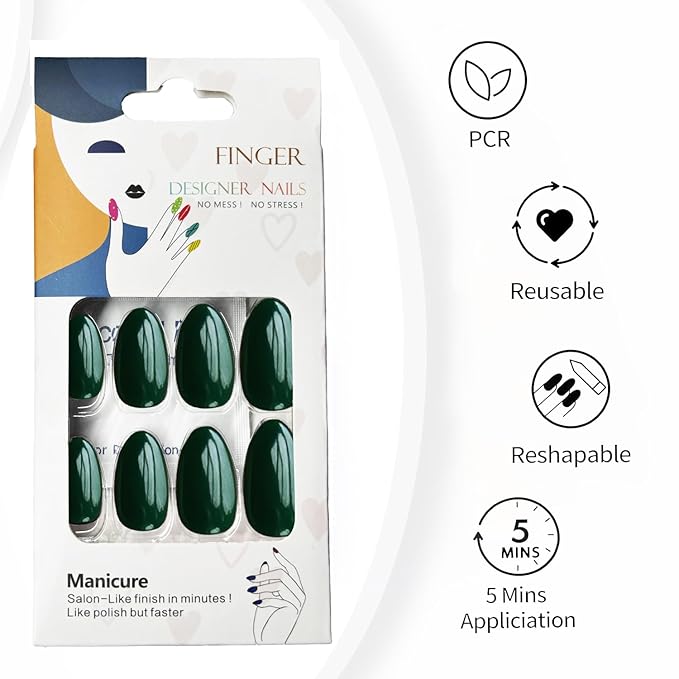 Green Press On Nails Almond -Short Press On Nails with Nail Glue, Fit Perfectly & Natural Reusable Stick On Nails in 12 Sizes - 24PCS Soft Gel Glue On Nails Kit
