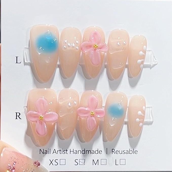 Handmade Press on Nails Medium Almond Nude Thick Fake Nails with Glue,3D Pink Flower Art False Nails with Design Reusable Nature Acrylic Nails for Wome (Size M)
