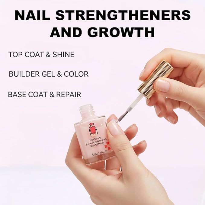 12ML Nail Strengthener for Damaged Nails, Extra Strong Nail Hardener with Pink LED Gel Polish, Fast Drying Nail Repair & Growth Treatment for Weak Thin Nails, Glossy Long Lasting Finish (2PCS)