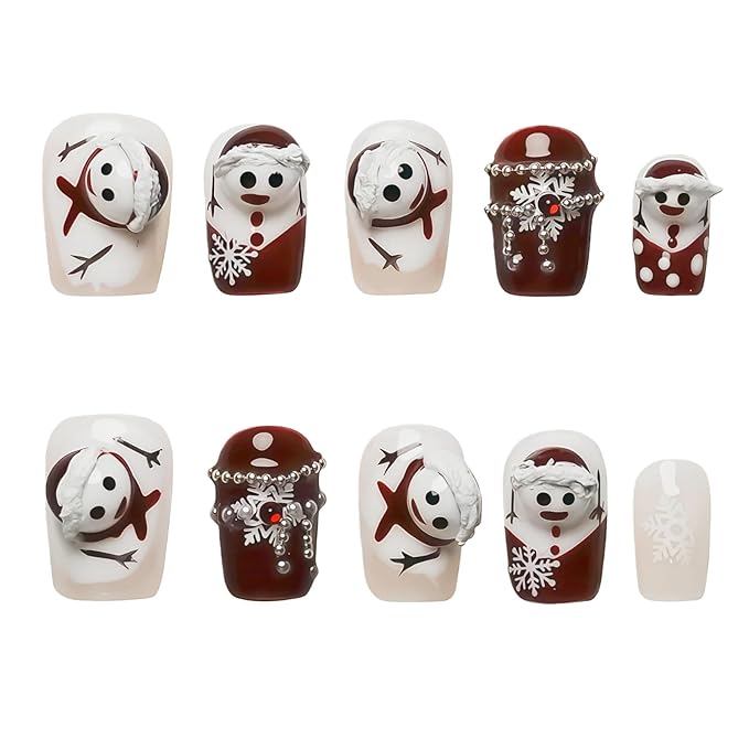 3D Snowman Press on Nails Short Coffin - 3D Embossed Burgundy Red and White Press-on Nails with Snowflakes, Necklace False Nails for Winter (Squeeze Snowman, M)