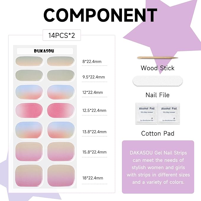 Semi Cured Gel Nail Strips, 28 pcs Gel Nail Stickers Work with Any UV Lights, Long-Lasting Nail Wraps for women DIY Art Gift, Easy to Apply & Remove