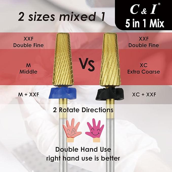 C & I 5 in 1 Nail Drill Bit, Mixed Sizes Edition, Cross Teeth, 2 Way, Professional Multi-function Nail Drills for Electric Manicure Drill Machine, Shank 3/32” (Mix, XC & XXF)