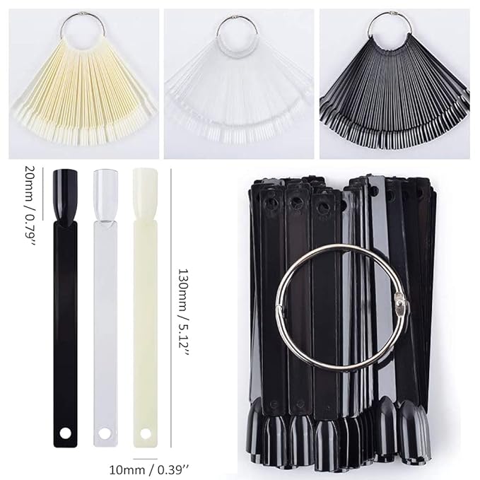 Qioly 3 Set Total 150 Tips, Fan-shaped False Nail Swatch Sticks with Ring, for Nail Art Color Display/Polish Practice, Clear + Beige + Black