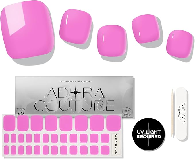 Semi Cured Gel Nail Strips – 32 Pcs Gel Pedicure Stickers - UV Nail Wraps for Toenails, Easy Application, Long Lasting, Salon Quality & UV Light Required - Dark Pink P