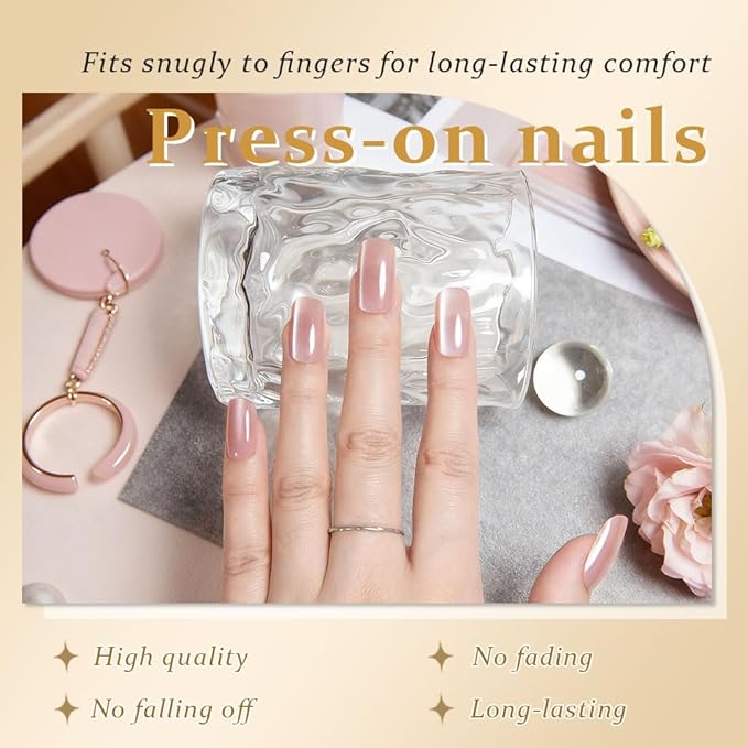Nude Cat Eye Press on Nails Medium Square, Medium Square Press Stick on Nails Chrome for Women Gift, Nude Holographic Glitter Glossy Reusable Soft Gel Acrylic Fake Nail with Designs Cateye Effect
