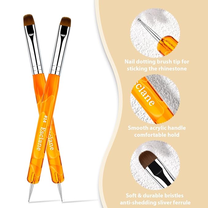 French Manicure Brush, Esclane 2 Way French Nail Brush with Dotting Tool for Manicure Cuticle Clean Up Nail Art Design, French Tip Brush (Orange, #10)