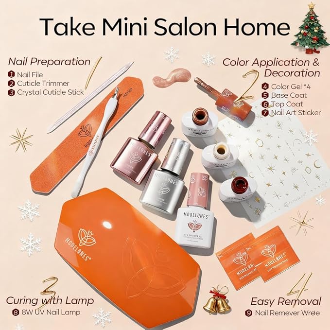 modelones Gel Nail Polish Kit with UV Light, Milky White Burgundy Red Nude Glitter Gold Winter Christmas Metallic Manicure Set with Base Top Coat Star Stickers 4 Colors Gel Mini Salon Nail Art Gift