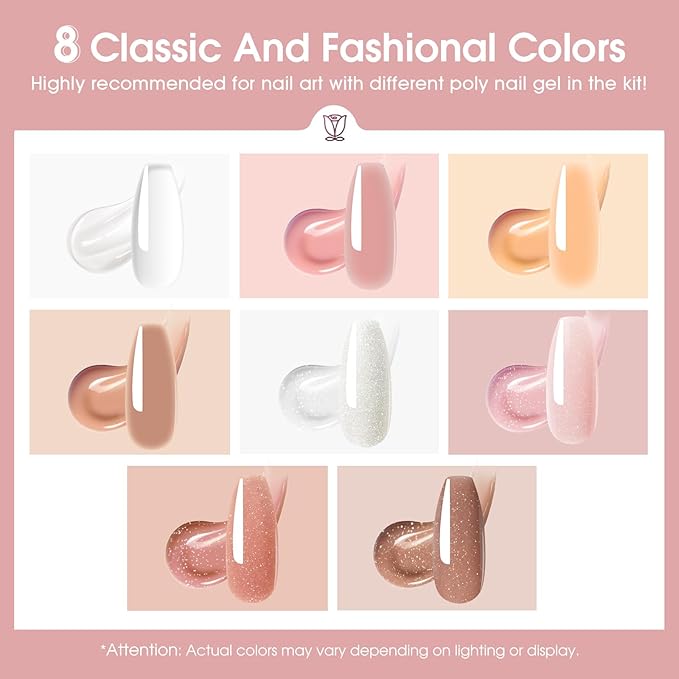 ROSALIND Poly Nail Gel Set, 8 Colors 10g Clear Nude Poly Extension Gel Nail Set, Glitter Shiny Poly Nail Gel Kit Builder Nude Gel Extension Kit for Nail Art Design Easy DIY Gift for Women