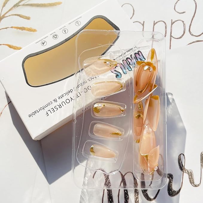 24Pcs Chrome Gold Press on Nails Medium Almond Fake Nails French Tip Full Cover Glue on Nails with Pearls Rhinestones Design False Nails Glossy Reusable Acrylic Nails for Women Girls DIY Decoration