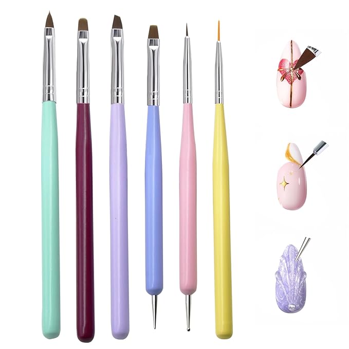 Nail Art Brushes Set 6Pcs - Professional Nail Design Pens with Gel Extension Brush, Polish Brush, Builder Brush, Liner Brush, Carved Brush & Dotting Pen for Acrylic/Gel/Polish, DIY Home & Salon Use