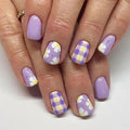 Purple Press on Nails Spring Flower Fake Nails Cute Short Square Nails Press ons with Floral Daisy Plaid Designs Reusable Artificial Nail Full Cover Stick on Nails for Women Manicure 24Pcs