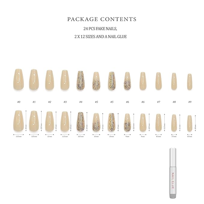 Hypnaughty 24 Pcs Vegas Gold and Nude Luxury Coffin Press On Fake Nails with Glitter Design and Glue Ombre Glitter Long Medium Long False Nails Full Cover Acrylic Nails (Vegas)