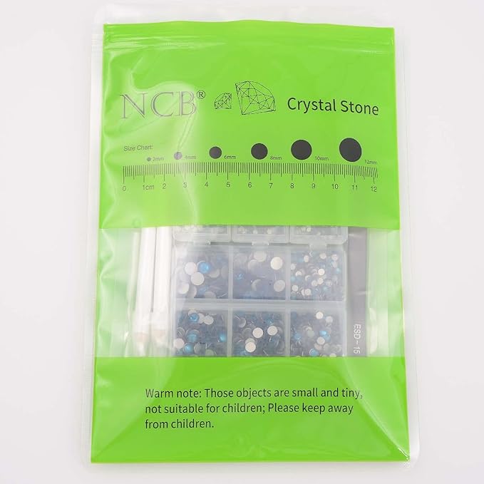 NCB 8000pcs Non Hotfix Rhinestones 10 Sizes Flatback Crystal Glass Rhinestones with Tweezers and Picking Pen for Nail Art Clothes Bags Phone Decorations Crafts DIY (007 Blue Zircon Mix SS3-SS30)