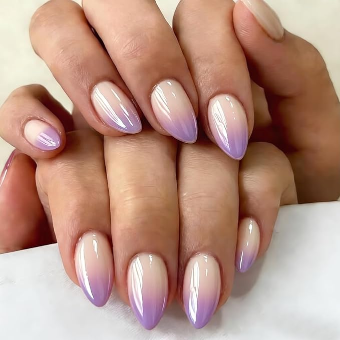 Chrome Ombre Lilac Press on Nails Short Almond, Glazed Cute Fake Nails with Sparkle Mirror Design, Shiny Glitter Glue on Nails Stiletto, Gradient Nude Gel Nail Press ons with Glue 30 Pcs