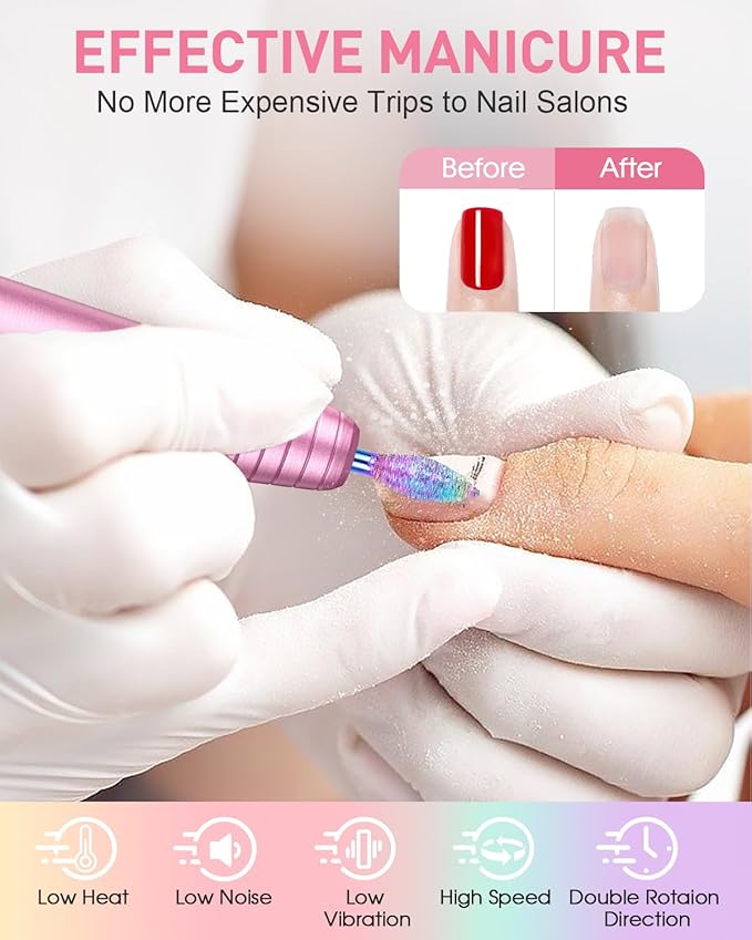 Subay Electric Nail Drill, Portable Electric Nail File for Acrylic Gel Nails, Manicure Pedicure Tool with 6 Bits and 26 Sanding Bands for Home and Salon Use - Pink