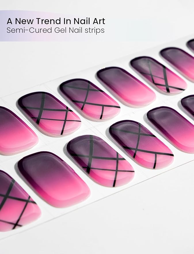 Semi Cured Gel Nail Strips | Built-In Gel Top Coat | UV Light Required | Salon Quality, Easy Application And Removal (Ethereal Purple Grid）