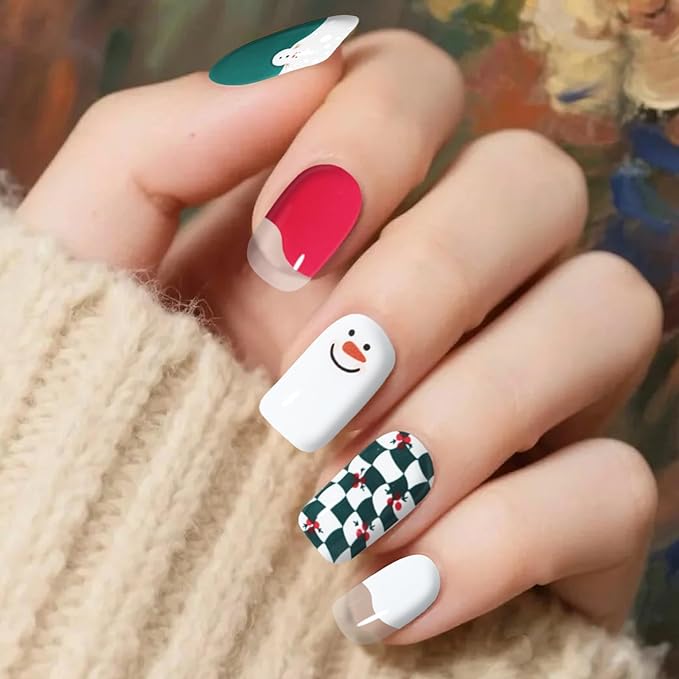 Christmas Semi Cured Gel Nail Strips, 28 pcs Gel Nail Stickers Christmas Tree Snowman Work with Any UV Lamps, Long-Lasting Nail Art Wraps Polish Elk, Salon-Quality, Easy to Apply