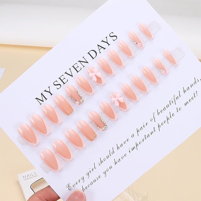 24pcs White French Tip Press on Nails Short Square Fake Nails Rhinestones Full Cover Tip Glitter Stick on Nails Pink Flower Designs Acrylic Glue on Nail Bow False Nails for Women DIY