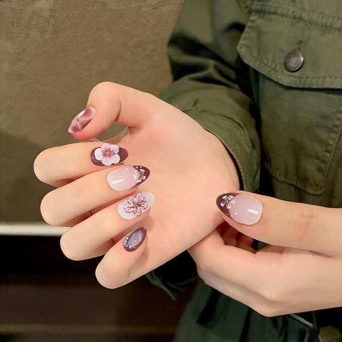 10Pcs Short Almond Handmade Press On Nails | Nude Pink & Burgundy Ombre with 3D Floral & Rhinestone Decor | Reusable Salon-Quality Fake Nails for Women and Girls (251209, XS)