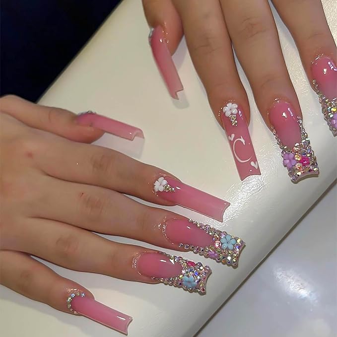 RTKHFZE Extra Long Press On Nails - Pink Full Cover False Nails with 3D Flower & Rhinestone Designs, French Tip, 24 Pcs