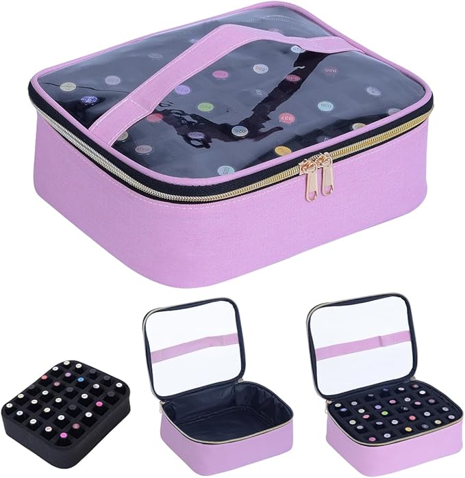Small Clear Nail Polish Case Holds 30 bottles(15ml-0.5fl.oz) Nail Polish Organizer Multifunctional Nail Polish Bag organizer, Cosmetic Travel Makeup Cases for Women, Pink