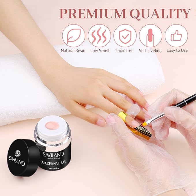 SAVILAND Builder Nail Gel Kit: 30ml Nudes Pink Hard Gel Nail Extension with Air Cushion Design, Base and Strengthener Builder with 100pcs Forms and Acrylic Brushes
