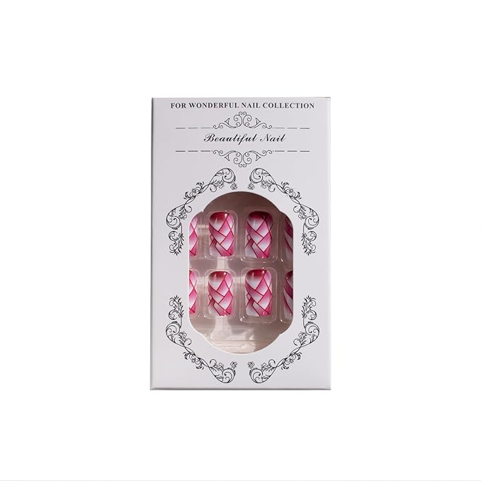 Square Press on Nails Medium Fake Nails with Designs Red Lines Stick on Nail Retro Red Gradient Acrylic False Nail Glossy Artificial Nail Full Cover Glue on Nails for Women