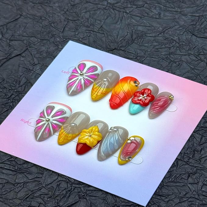 100% Handmade Press on Nails Medium Almond Handmade Nails with Pink Flower Design Spring Summer False Nails Yellow French Tip Nail Press ons Reusable Ombre Acrylic Fake Nails for Women Size M 10Pcs