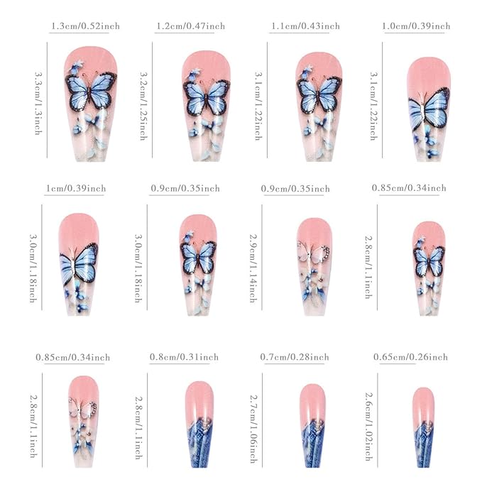 Butterfly Press on Nails Coffin Long Fake Nails With Blue Pink Butterfly Designs Blue French Tip Nails Press ons Acrylic Pink Full Cover Glue Stick on Nails for Women 24 Pcs