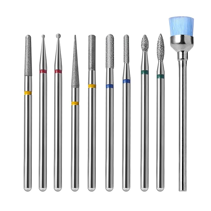 Diamond Nail Drill Bits Set 10Pcs - Safety Cuticle Bit for Beginners, 3/32 Inch E-File Nail Bits for Russian Manicure Prep, Ball Flame Needle Bits for Nail Tech, Gentle Efile Bits for Acrylic Gel Nail