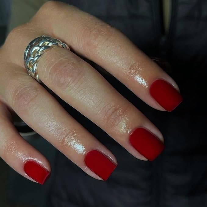 Matte Red Press on Nails Short Square, Natural Short Gel Nails Glue on Acrylic Nails Press ons, 48Pcs Thick Reusable Fake Nails for Women, Short Coffin Artificial Nails Solid Color Square Nails