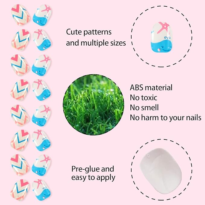 SIUSIO 120 Pcs 5 Pack Children Acrylic Fake Nails Press on Cute Pre-glue Full Cover Glitter Gradient Color Rainbow Short Kids Stick On False Nail Art Kits Set for Kids Little Girls - Azure Ocean Party