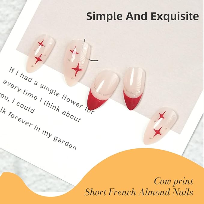 24 Pcs Press On Nails, Red Star & Red Tip Design, Almond Shape Fake Nails with Glue,Easy Application Manicure Set for Work, Party & Daily Use, Perfect for Women and Students