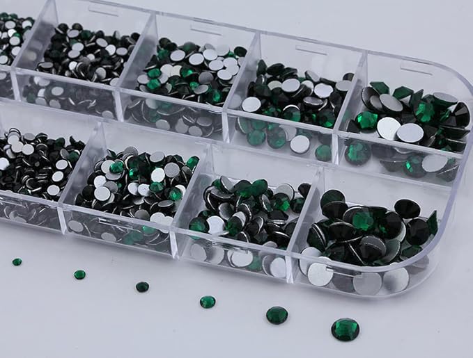 Over 2100 Pieces Green Emerald Flat Back Glass Rhinestones Crystals for Nail Art Kit 6 Sizes (1.4mm - 4.8mm)