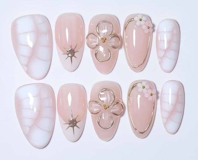 10 Short Almond Handmade Press On Nails | Blush Pink & White Snake Print Design with 3D Floral & Gold Accents | Salon-Quality Manicure, Easy Apply/Remove, Reusable & Long-Lasting (251216, XS)