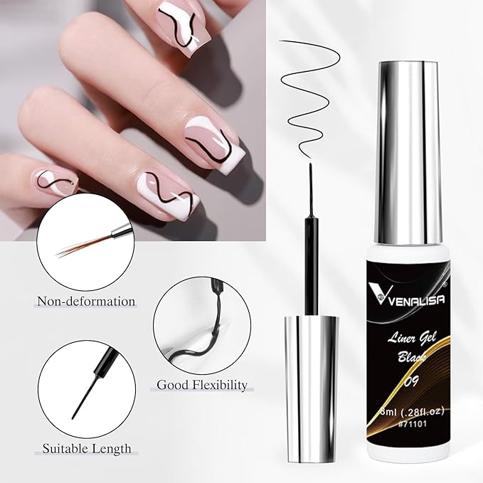 VENALISA Liner Gel Nail Polish 8ML 1 Pcs Black Gel Polish With Thin Brush For French Nail Art Swirls Nail Design Soak Off UV Gel DIY at Home Manicure Salon