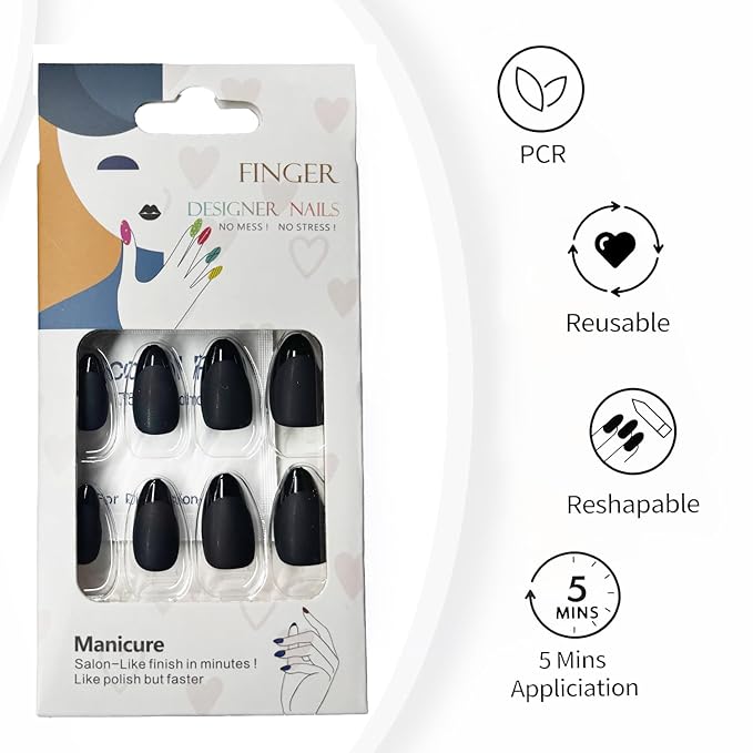 Press On Nails Short Almond Black Nails with Glossy French Tips in a Matte Finish 16 Sizes - 32 Nail Kit with Glue